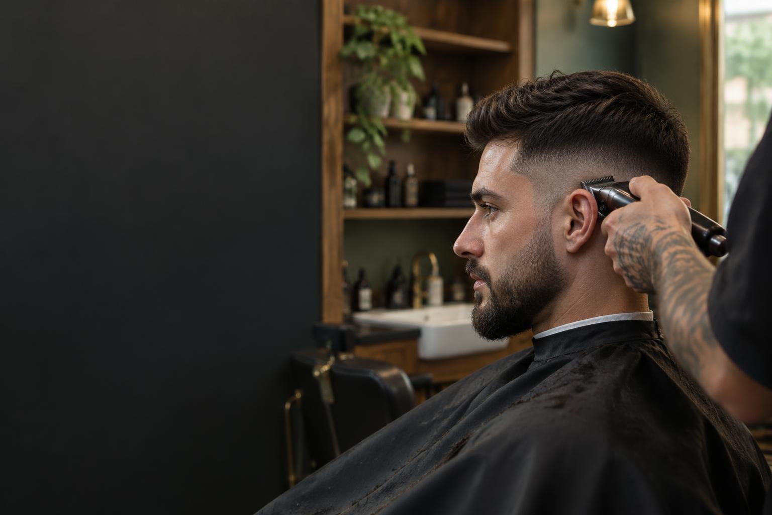 A precision fade being finished in a warmly lit barbershop